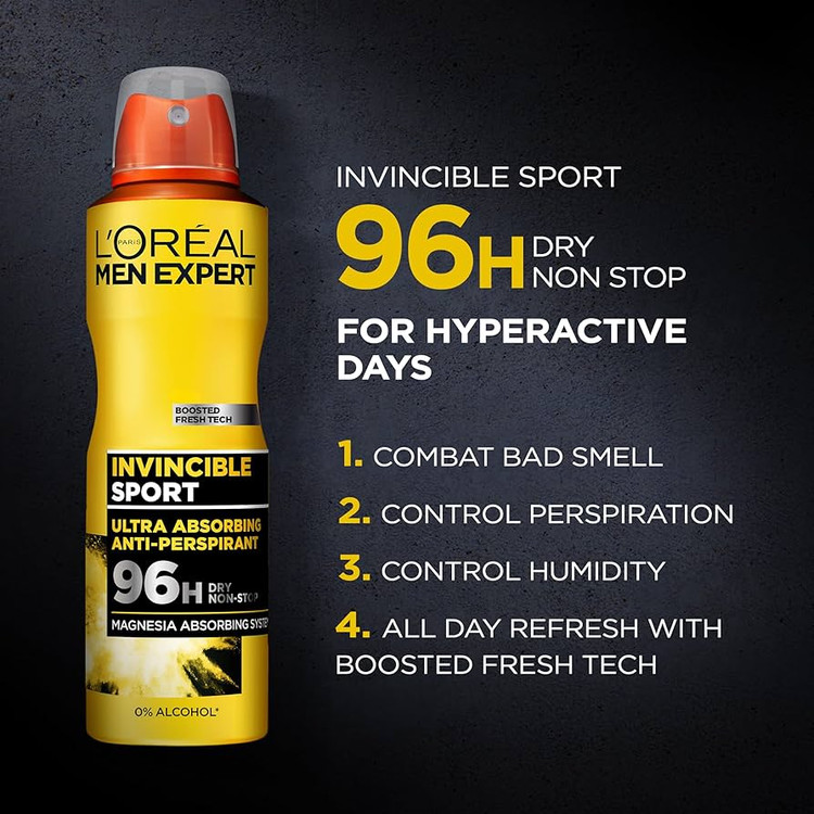 اسپری ضد تعریق مردانه لورآل زرد مدل Invincible SportTech